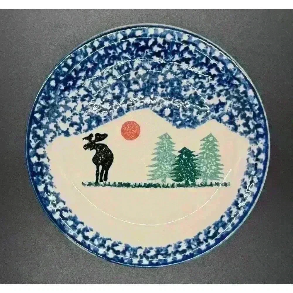 Thompson Pottery Hand Painted Moose Small Plate + Cereal Bowl Sponge Painting